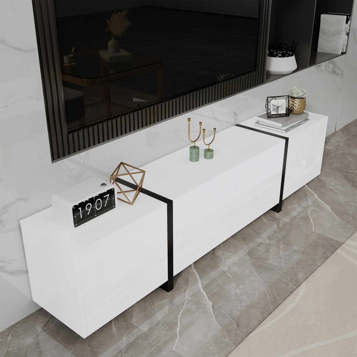 TV-SCHRANK 170/30/39 cm weiß Hochglanz mit schwarzen Tischbeinen und Stauraum - Weiß, Holzwerkstoff (170/39/30cm) - OKWISH