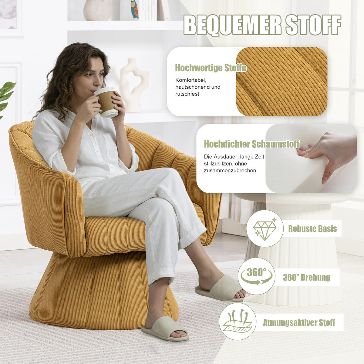 DREHSTUHL Moderner 360° Taupe mit Cord-Bezug - Taupe, Textil (70/72/66cm) - Urban Meuble