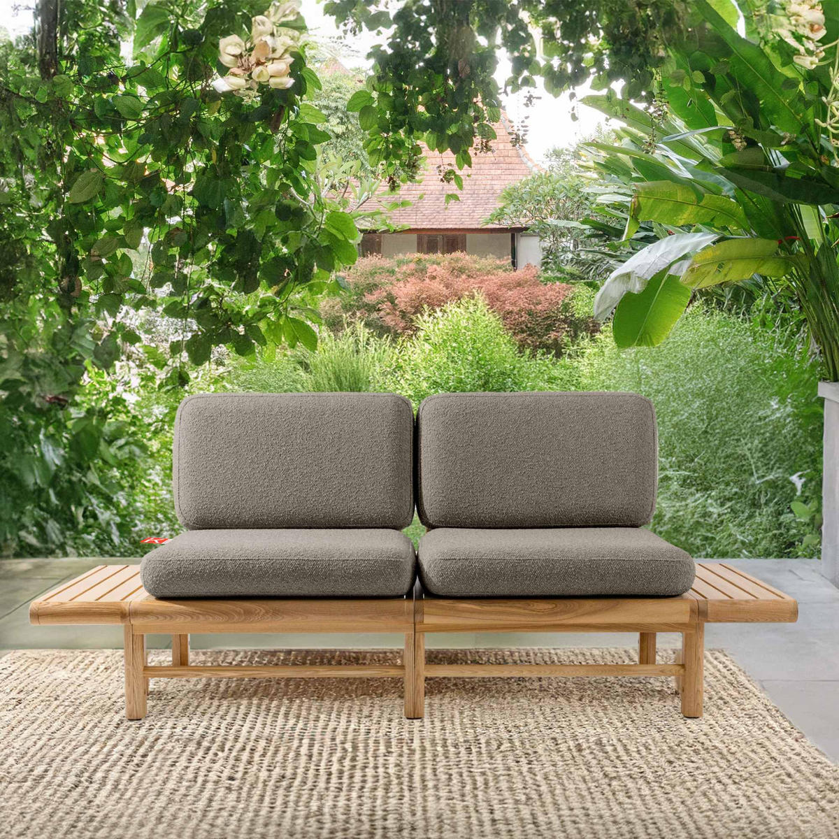 GARTENSOFA ATREDA 2-Sitzer, mit beideseitig Ablagen - Grau, Holz/Textil (190/74/80cm) - KONSIMO®