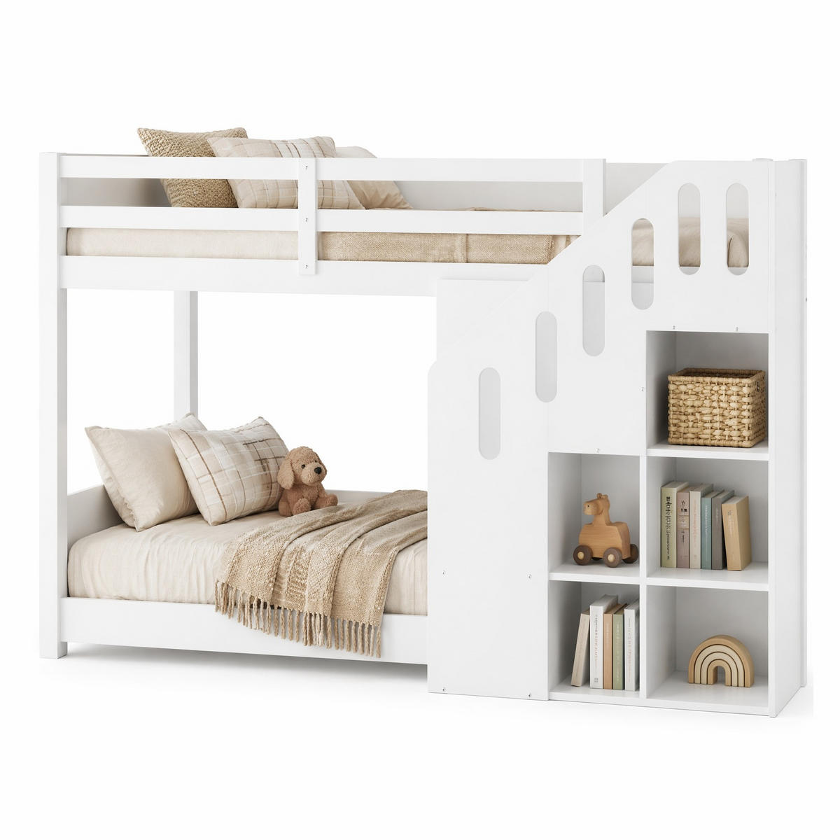 PATROVÁ POSTEL 90/200 cm & 90/200 cm v bílé barvě s úložnými schody - bílá, dřevo/kompozitní dřevo (90/200cm) - CHICFURN