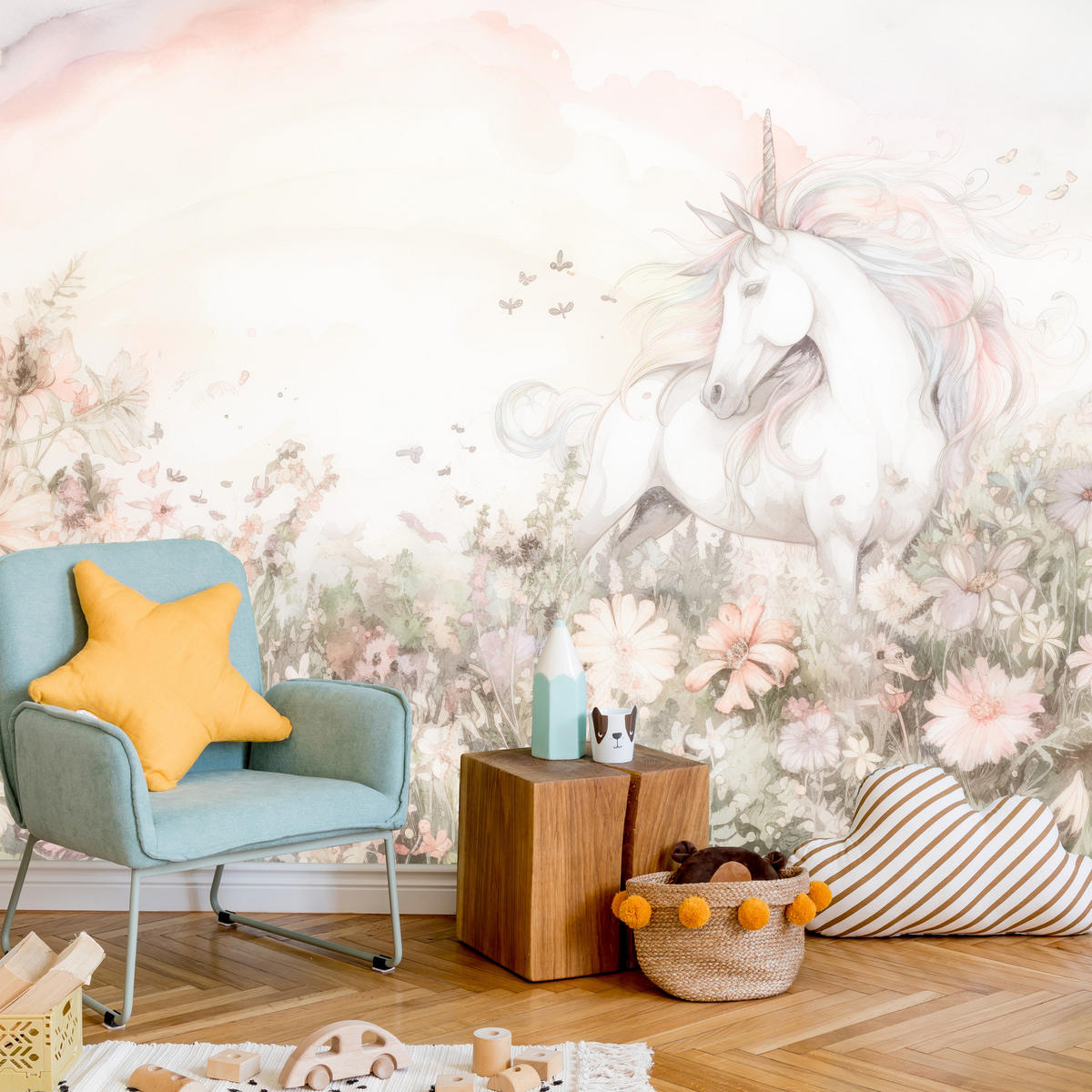 FOTOTAPETE für Kinder Einhorn Blumen Aquarell 350x256 - Gelb/Beige, Papier (350/256cm) - Muralo