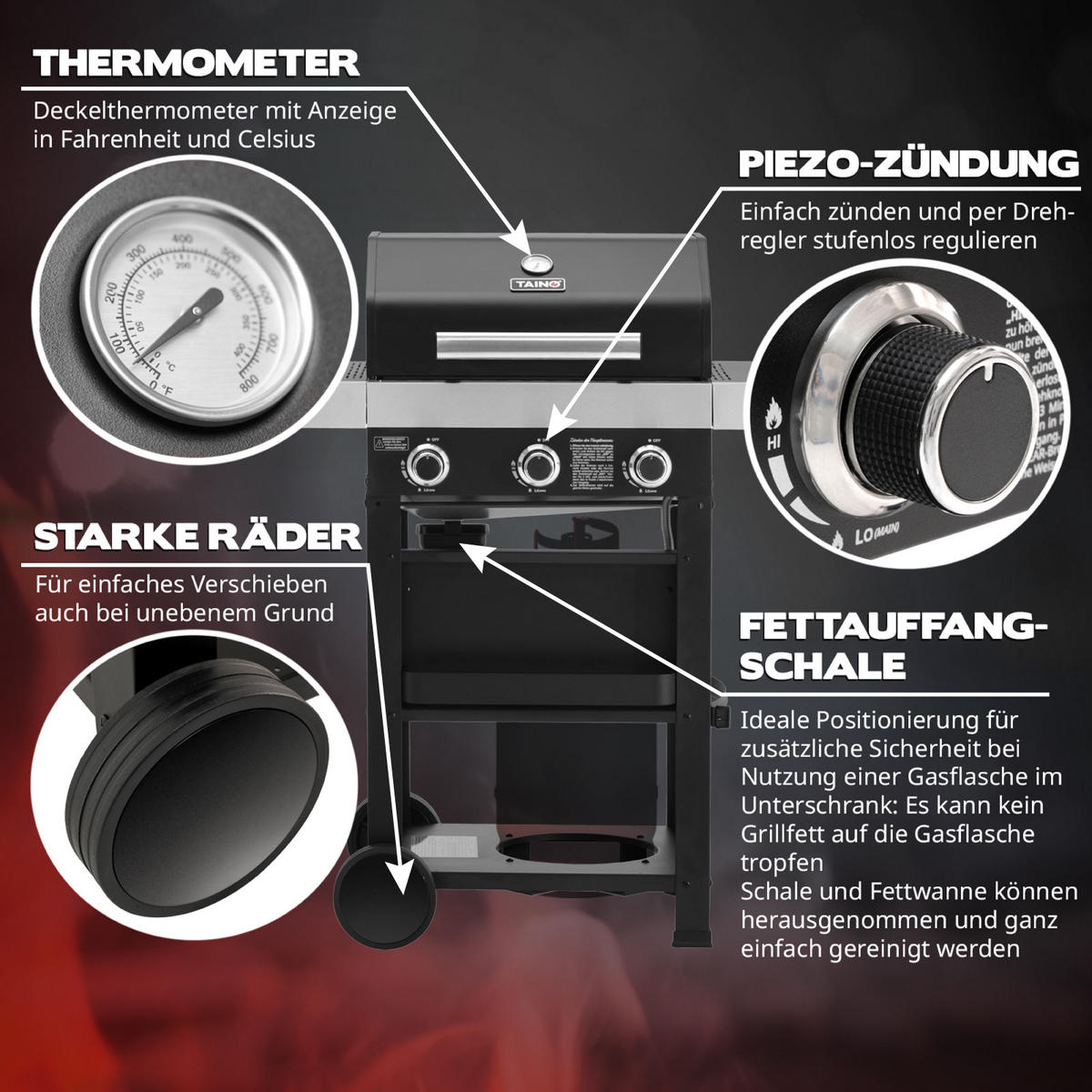GASGRILL WABAYA 3+1 + Haube - Schwarz, Metall (112/103/53cm) - TAINO
