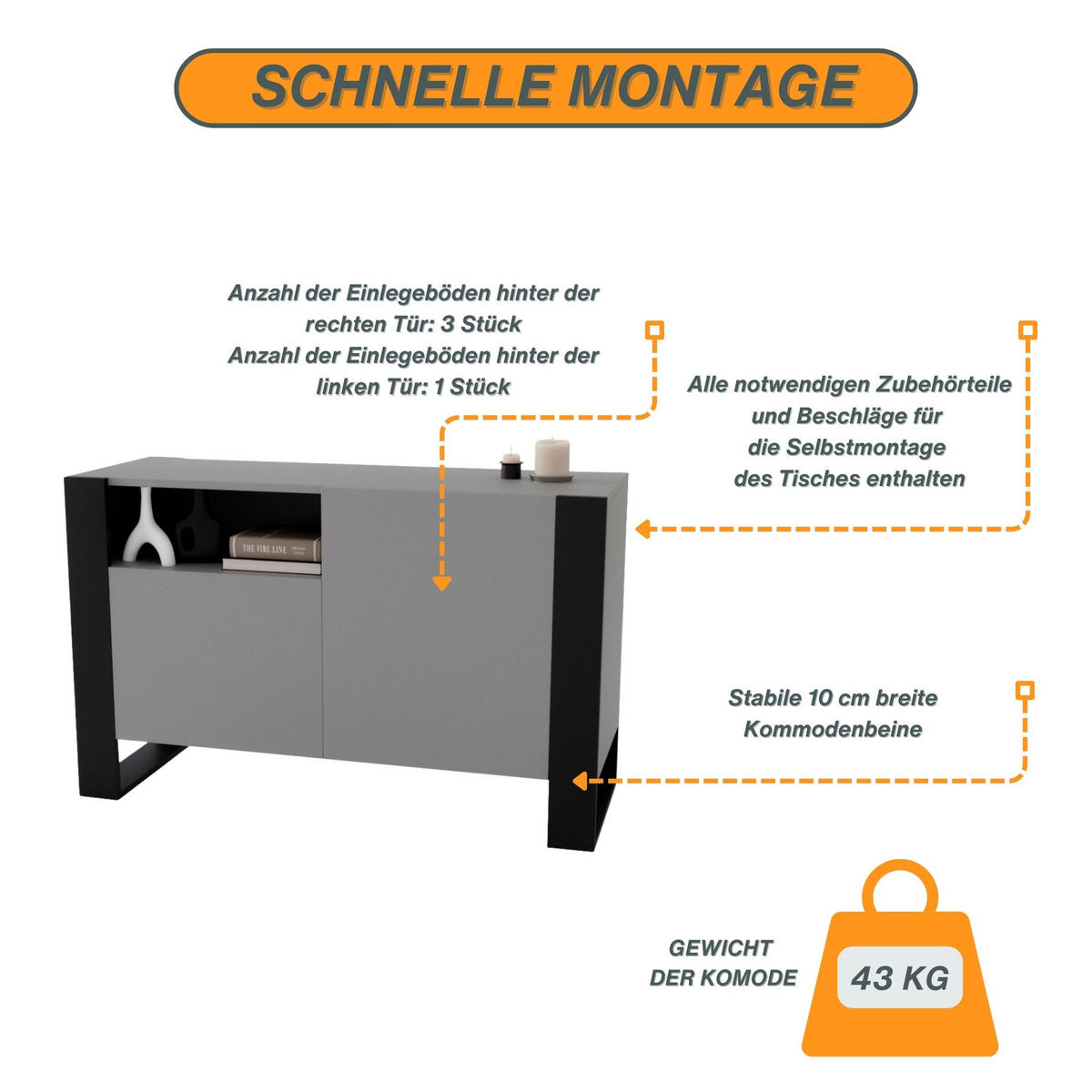 KOMMODE Karo 120/75/43.6 - Dunkelgrau/Schwarz, Holzwerkstoff (120/75/43.6cm) - RAUMHIRSCH FURNITURE