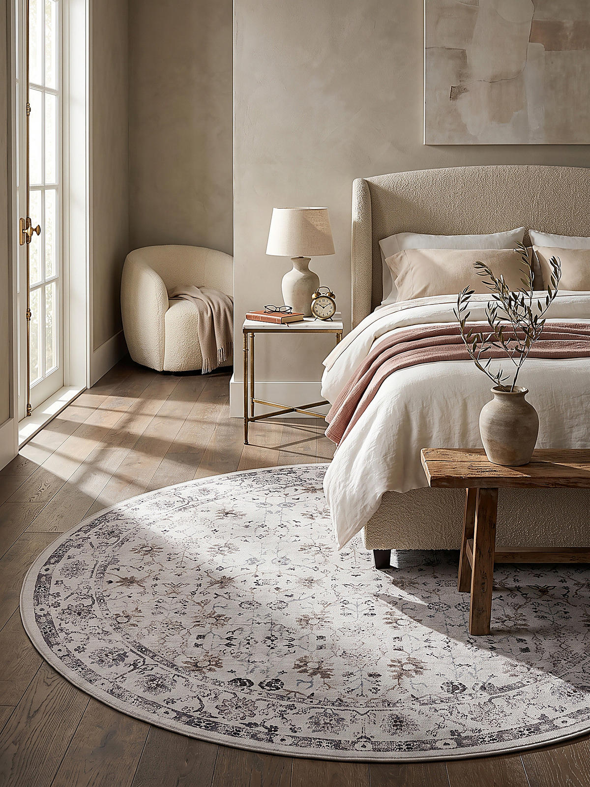 TEPPICH Kurzflor, waschbar, mit floralen Ornamenten, VERNANTE in Creme, Ø 200 cm - Beige, Textil (200/200cm) - KADIMA DESIGN