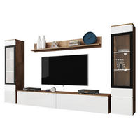 WOHNWAND Vera II mit weißer LED Beleuchtung - Weiß Hochglanz/Eiche Wotan, Holzwerkstoff (30/130/33cm) - MIRJAN24