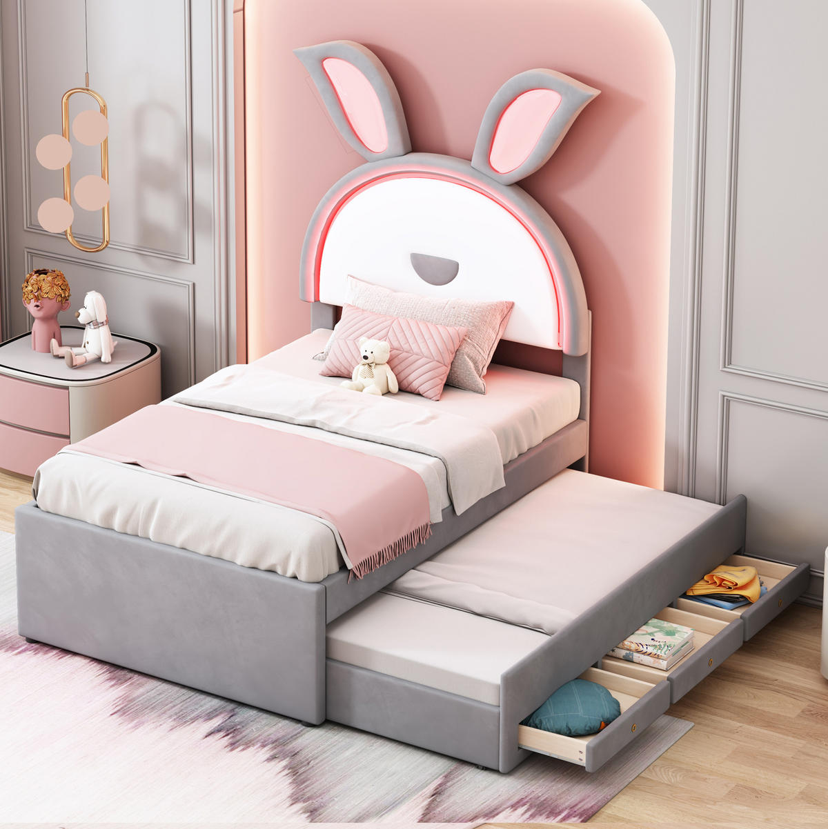 KINDERBETT 90/200 cm mit Ausziehbett, 3 Schubladen, LED-Beleuchtung und Samtbezug, Grau - Grau, Textil (90/200cm) - Redom