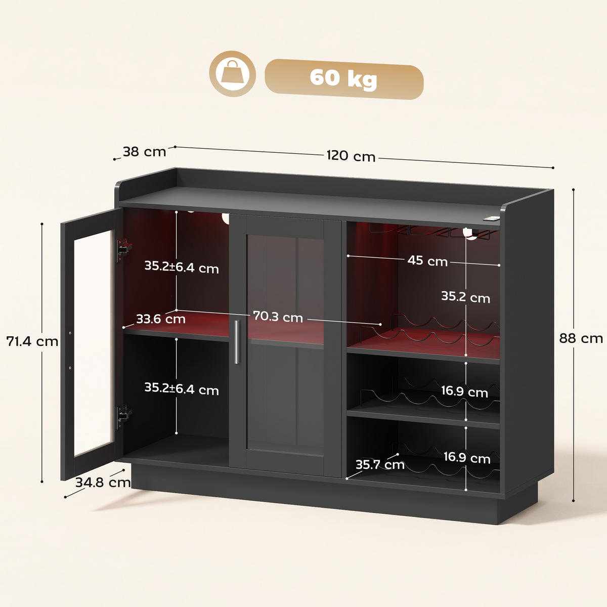WEINREGAL, LED, verstellbarer Boden, Holz/Glas, schwarz, 120x38x88cm - Multicolor, Metall (120/88/38cm) - FORIOUS