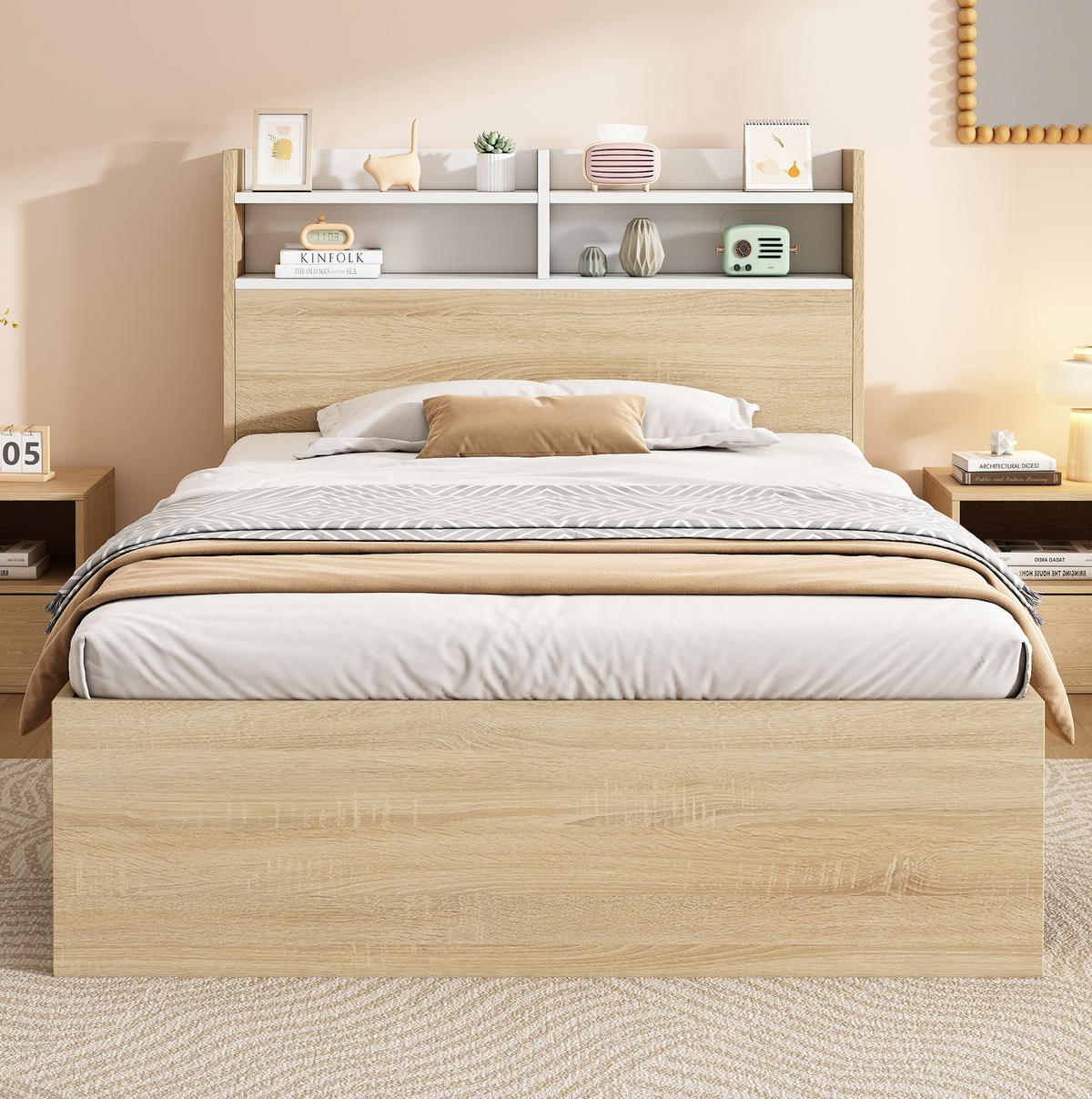 EINZELBETT 90/200 cm mit Kopfteil-Ablage, 2 Schubladen und offenen Fächern aus Holz, Weiß/Eiche - Weiß, Holzwerkstoff (90/200cm) - Redom
