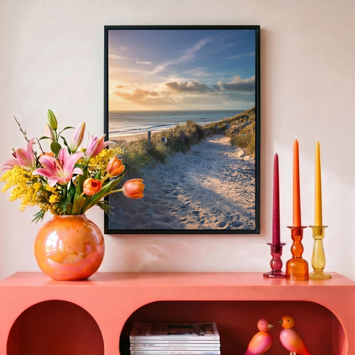 LEINWAND Bilder mit Rahmen - Sonnenuntergang - Strand - Düne - Gras - Ufer - 30x40 - Sandfarben, Textil (30/40cm) - MuchoWow