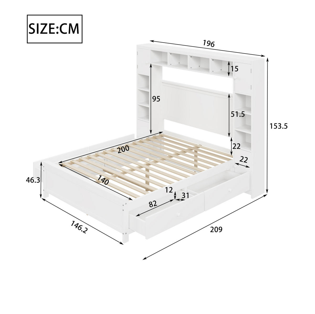 STAURAUMBETT 140x200 cm Weiß mit 4 Schubladen, Stauschrank und Lattenrost - Weiß, Holzwerkstoff (140/200cm) - Modfu