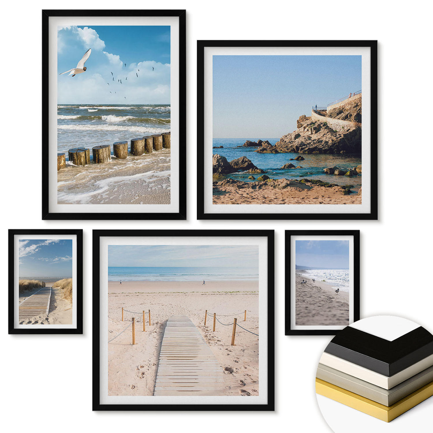 WANDBILDER 5er-Set - 50x50 cm & 20x30 cm & 40x60 cm Schwarzer Rahmen - Strand, Sand, Wellen, Himmel, Vögel - Schwarz, Kunststoff (40/60cm) - ArtPrintCave