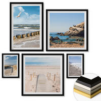 WANDBILDER 5er-Set - 50x50 cm & 20x30 cm & 40x60 cm Schwarzer Rahmen - Strand, Sand, Wellen, Himmel, Vögel - Schwarz, Kunststoff (40/60cm) - ArtPrintCave