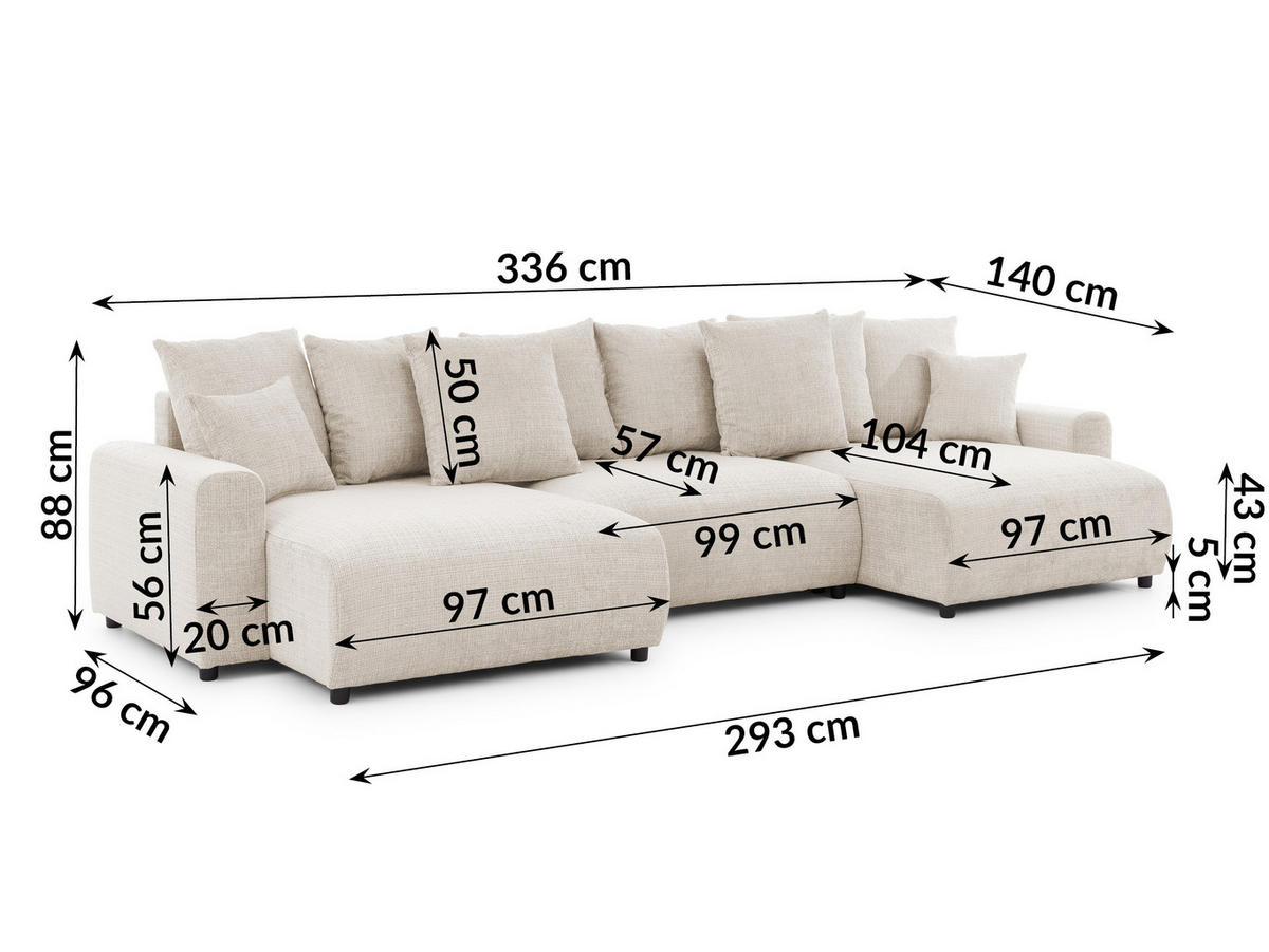 WOHNLANDSCHAFT Calma mit Schlaffunktion und Bettkasten im Bumpy-Design aus weichem Beige Chenille-Stoff - Beige/Schwarz, Holz/Kunststoff (336/88/140cm) - S-Style Möbel