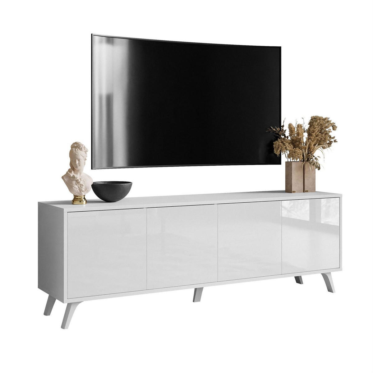 TV-ELEMENT SANAYI auf weißen Beinen Hochglanz Weiß - Weiß, Holzwerkstoff (156/54/38cm) - Lookway