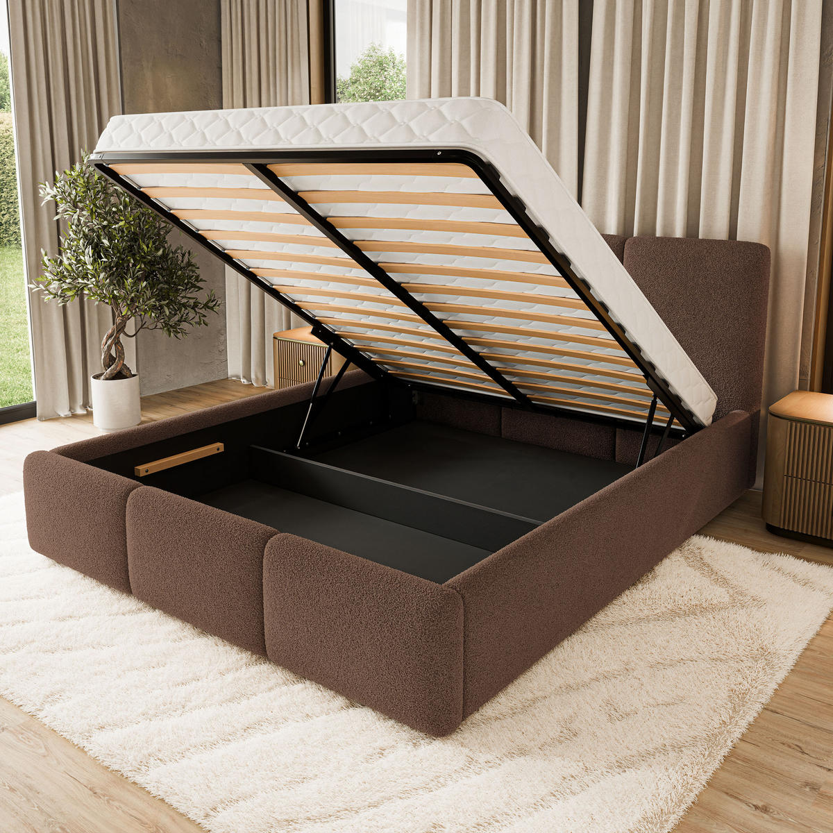 POLSTERBETT MORENA Q 180x200 cm mit Bettkästen - Braun - Braun, Holz (180/200cm) - MASSENO