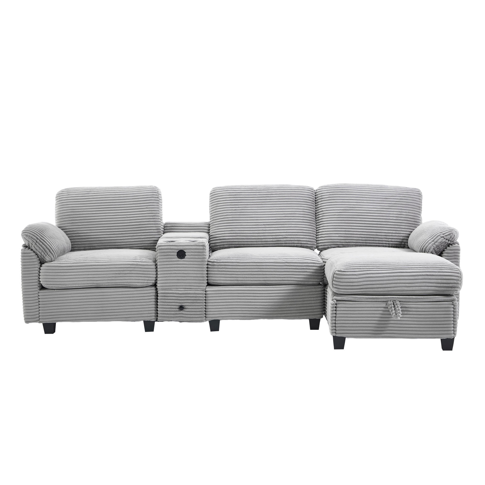 WOHNLANDSCHAFT Cord mit Stauraum und USB-Anschluss 266/136/82 cm Hellgrau - Hellgrau, Textil (136/82/266cm) - Redom