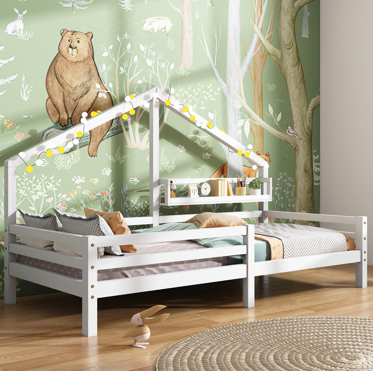 KINDERBETT 90/200 cm aus Kiefernholz mit Bücherregal und Rundum-Schutz, Weiß - Weiß, Holzwerkstoff (90/200cm) - Redom