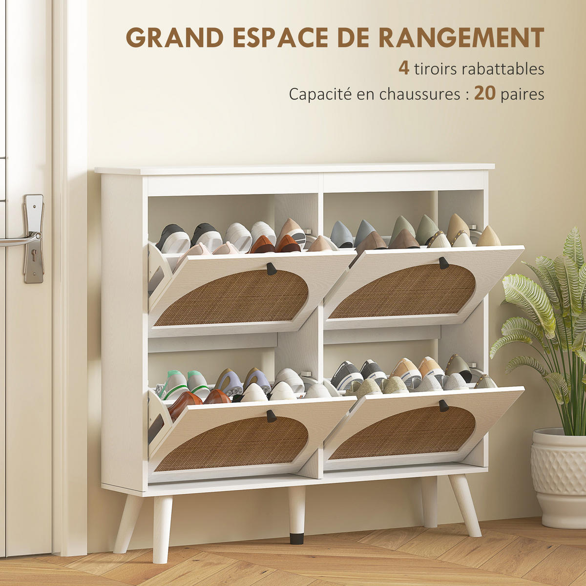 SCHUHSCHRANK DE-15022 4 Klapptüren in Rattan-Optik Weiß - Weiß, Holzwerkstoff (105/97.5/24cm) - ComfortXL