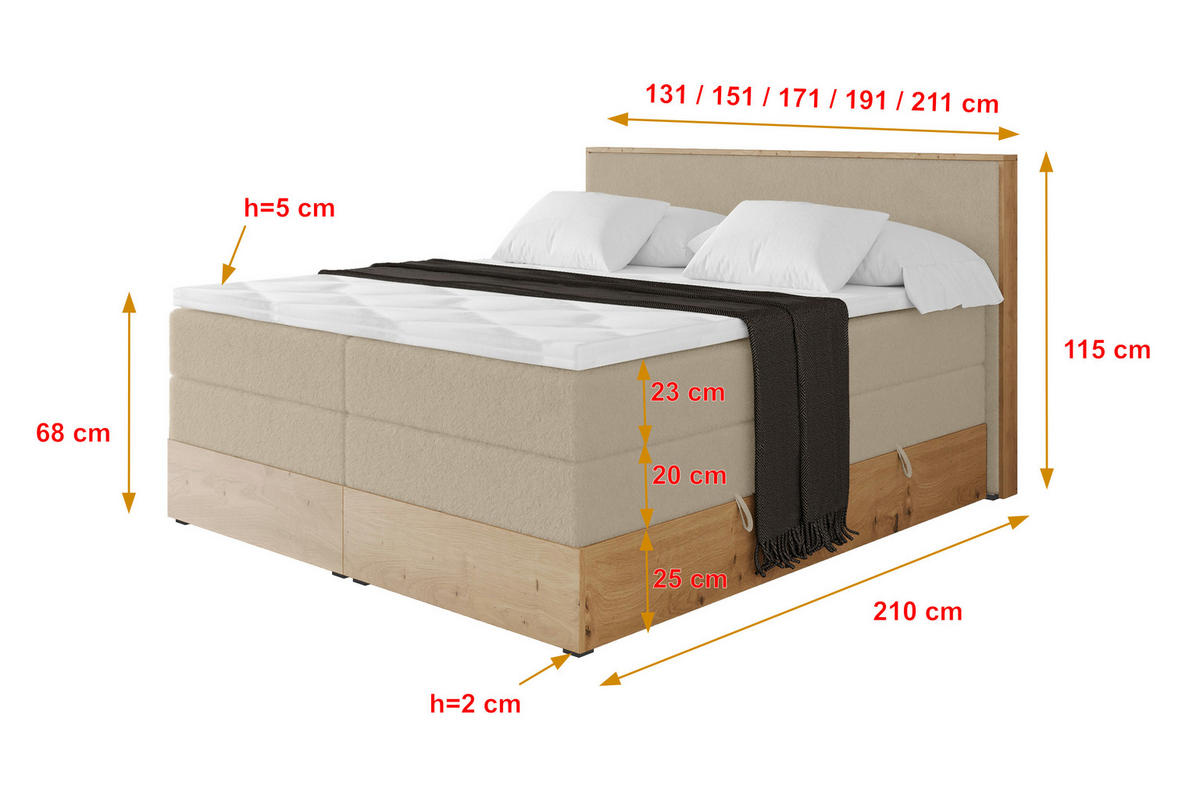 BOXSPRINGBETT LOLLI9 -KING 180x200 - H3/H4 Creme - Champagner, Holzwerkstoff (180/200cm) - ALTDECOR