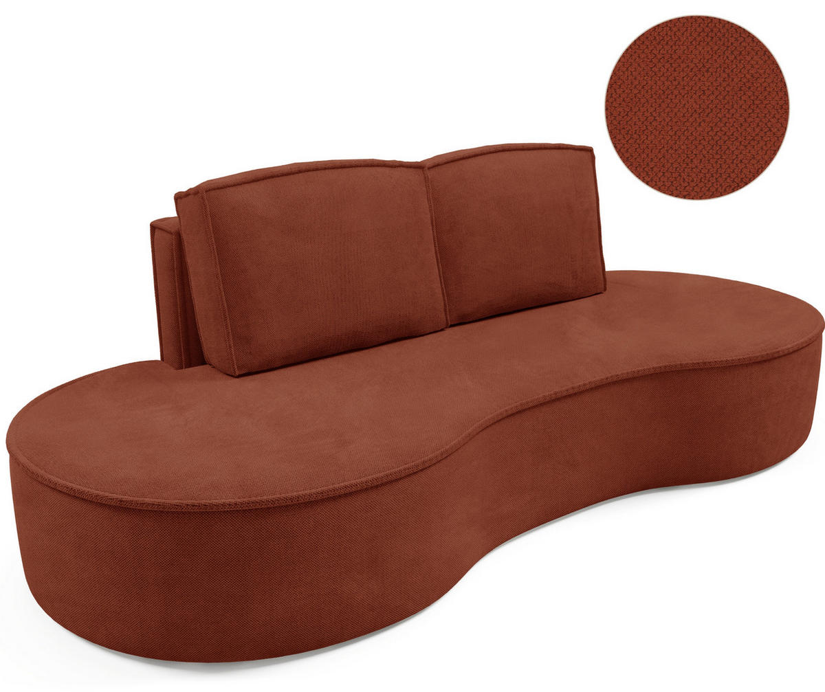 SOFA Molly – Freistehendes halbrundes Designsofa mit zwei eleganten, abnehmbaren RückenKissen, Curio Stoff, Größe: 234x101x88 cm, Braun - Rotbraun, Holz/Textil (234/88/101cm) - DomoHome