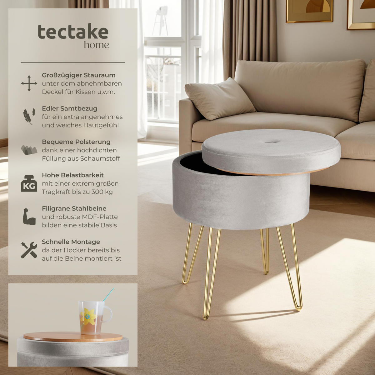SITZHOCKER mit Stauraum Ava,37,5 x 44,5 cm,hellgrau - Hellgrau, Holz (37.5/44.5/37.5cm) - tectake