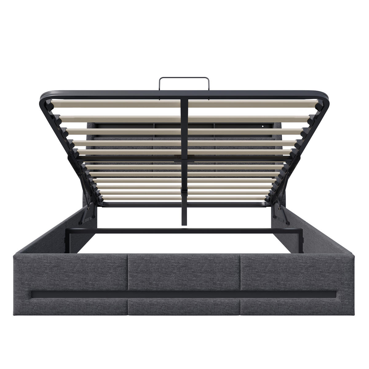 BETT 140 x 190 cm mit LED-Beleuchtung und USB, hydraulisches mit Stauraum, Lattenrost, grau - Grau, Holzwerkstoff/Textil