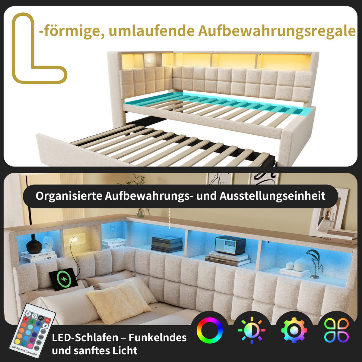 POLSTERBETT 90/180x200 cm Beige mit LED-Beleuchtung und Bluetooth-Lautsprecher - Beige, Textil (90/200cm) - Flora Grace