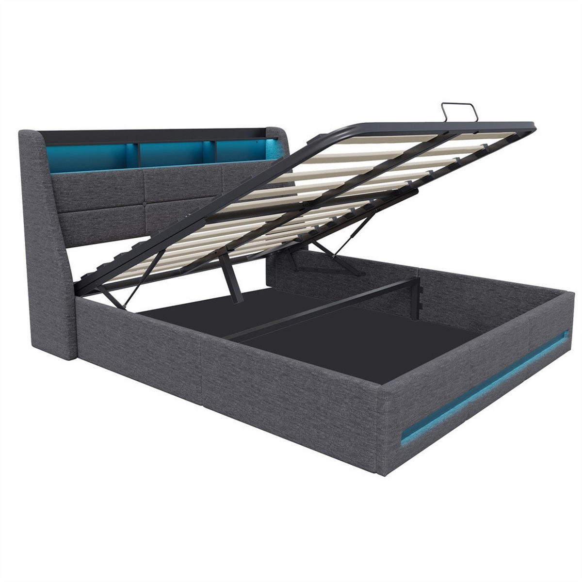 POLSTERBETT 140x200 cm - mit LED-Beleuchtung (Kopf- & Fußteil), USB-Ladefunktion und hydraulischem Bettkasten - Grau - Grau, Textil (140/200cm) - DELFA