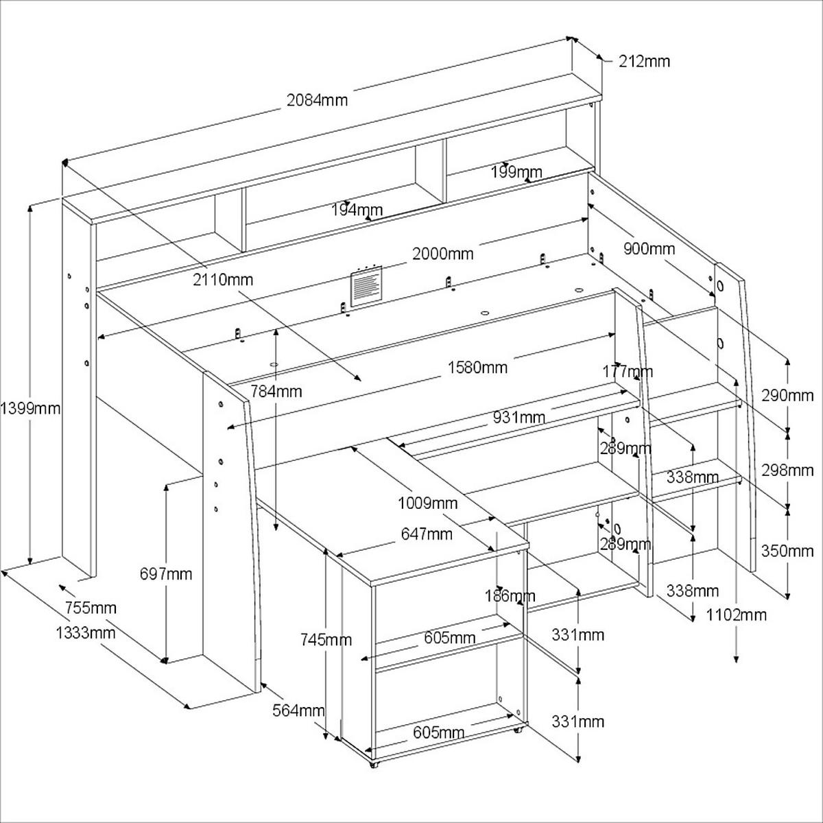 HOCHBETT Lucas 2 in Japanische Eiche - Weiß 90 x 200 cm - Eichefarben/Weiß, Holz (90/200cm) - Parisot Meuble