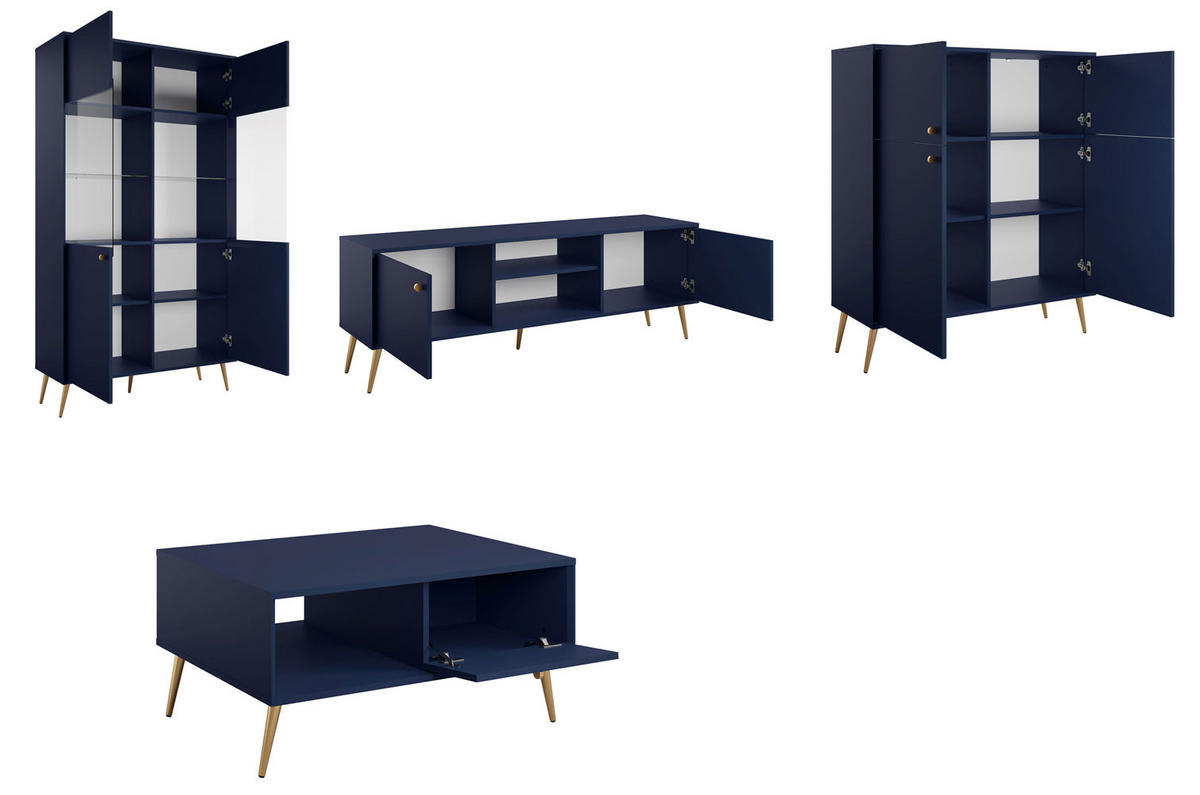 WOHNZIMMER SET 4-TEILIG Rose marineblau 366,5 / 66 / 191cm - Blau/Goldfarben, Holzwerkstoff/Metall (261.5/191/66cm) - Feldmann-Wohnen