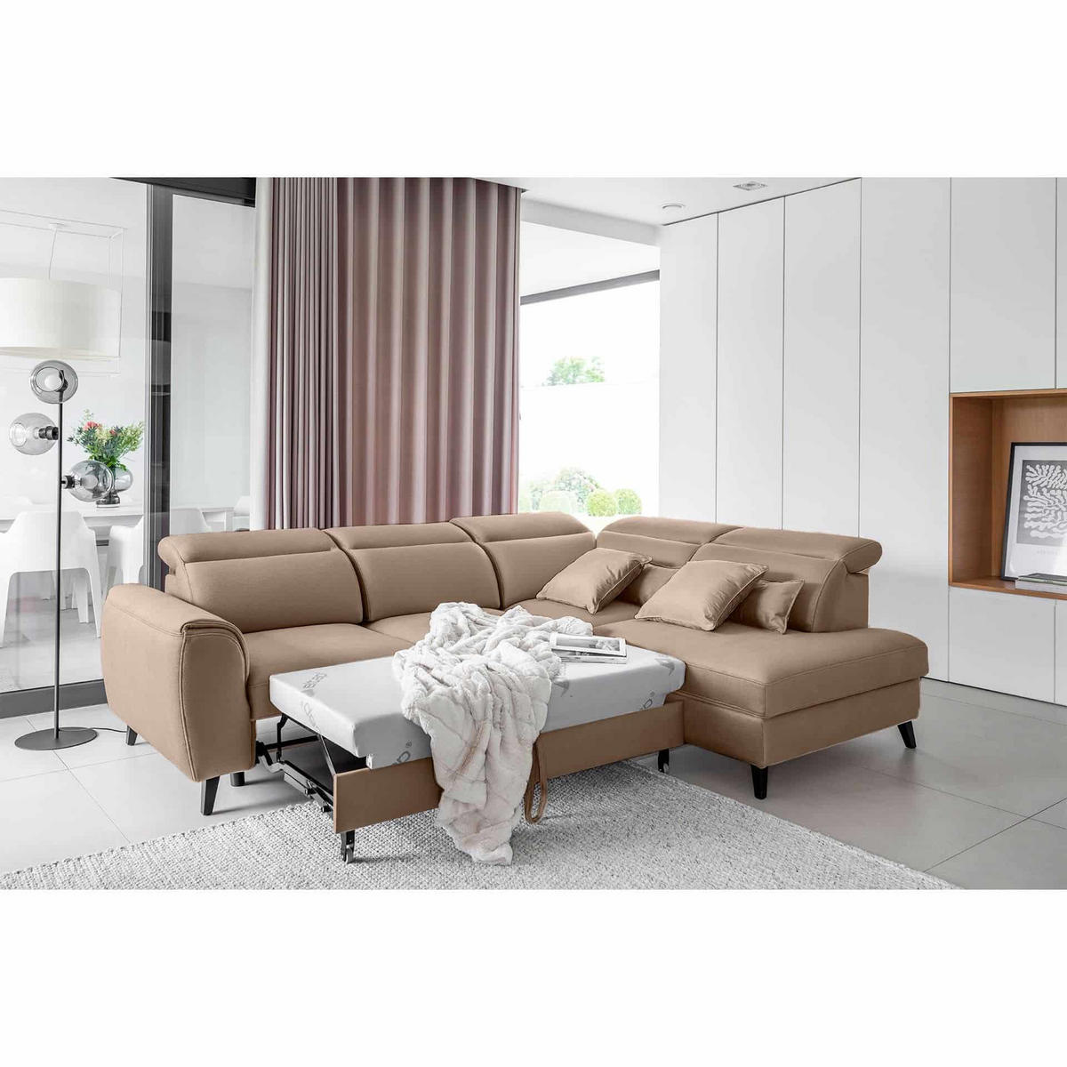 ECKSOFA mit Schlaffunktion & Bettkasten - Hellbraun/Schwarz, Holz/Textil (201/255cm) - Eltap