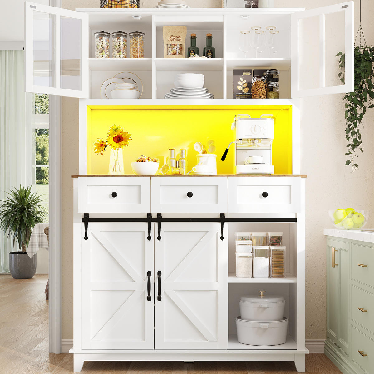 KUHINJSKI ormar od MDF-a, 105/38,4/180 cm bijeli, s LED rasvjetom i kliznim vratima - bijela, drvni materijal (105/180/38.4cm) - BEAOK