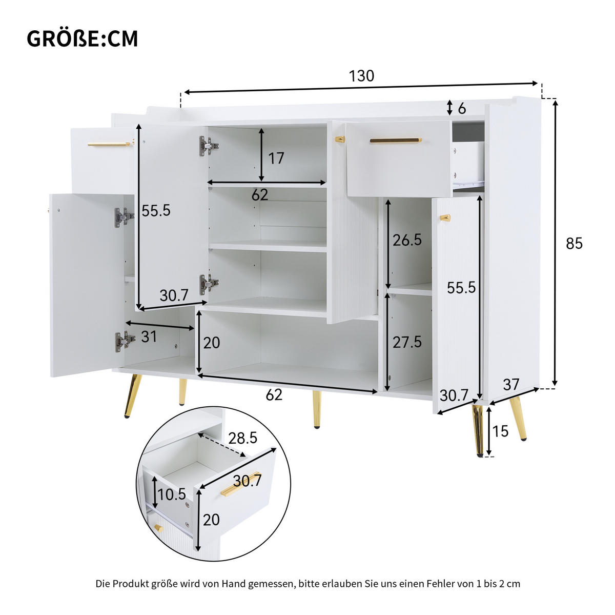 SCHUHSCHRANK 130/37/100 cm aus Spanplatte mit 2 Schubladen, 4 Türen und offenem Fach, Weiß - Weiß, Holzwerkstoff (130/100/37cm) - Redom