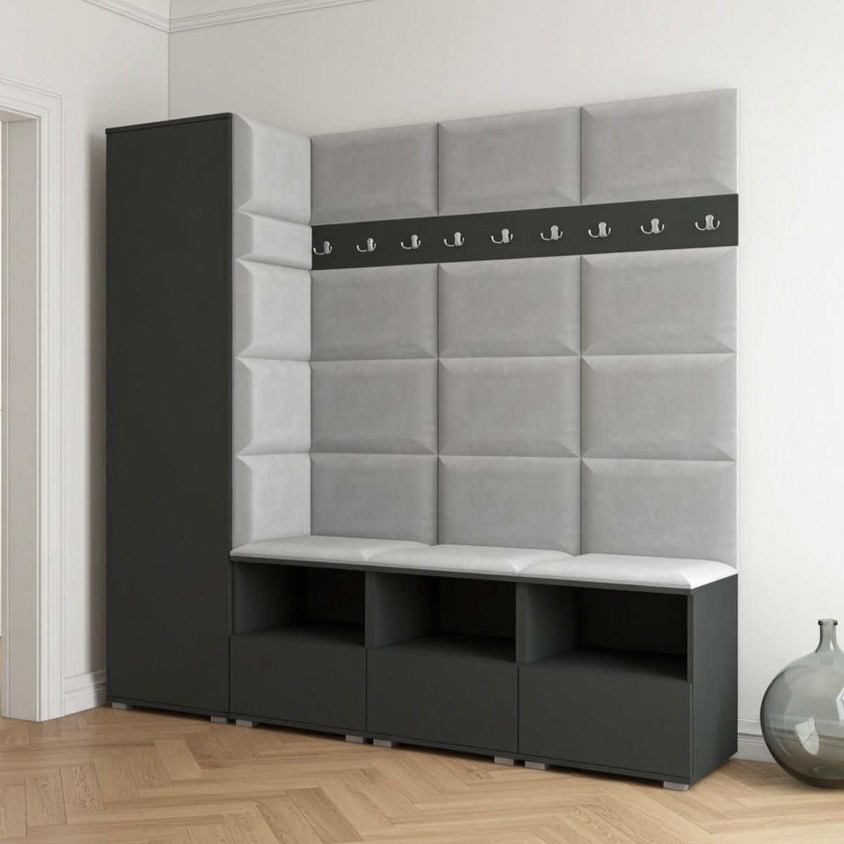 GARDEROBE NELA IX 200 cm (Modulare Flurmöbel Graphit mit Sitzpolster Hellgrau 32 Breite Sitzbank) - Silberfarben/Hellgrau, Holz/Holzwerkstoff (200/187/40cm) - Ravio