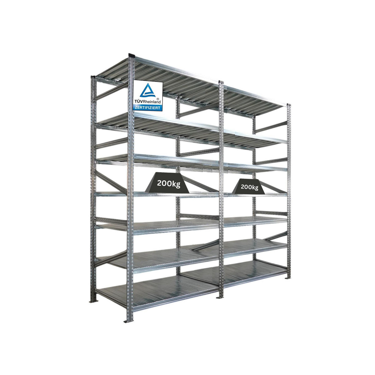 FACHBODENREGAL Proximo Stecksystem 250x240x60cm 7 Ebenen Beidseitig nutzbar Verzinkt - Silberfarben, Metall (240/250/60cm) - PROREGAL