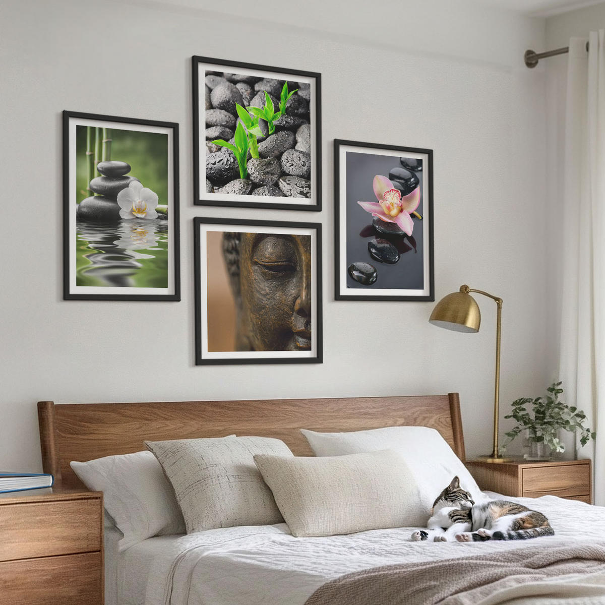 BILDER SET 4er Set - 50x50 cm & 40x60 cm Schwarzer Rahmen - Friedliche Zen-Blumen-Buddha-Komposition - Schwarz, Kunststoff (50/50cm) - TULUP