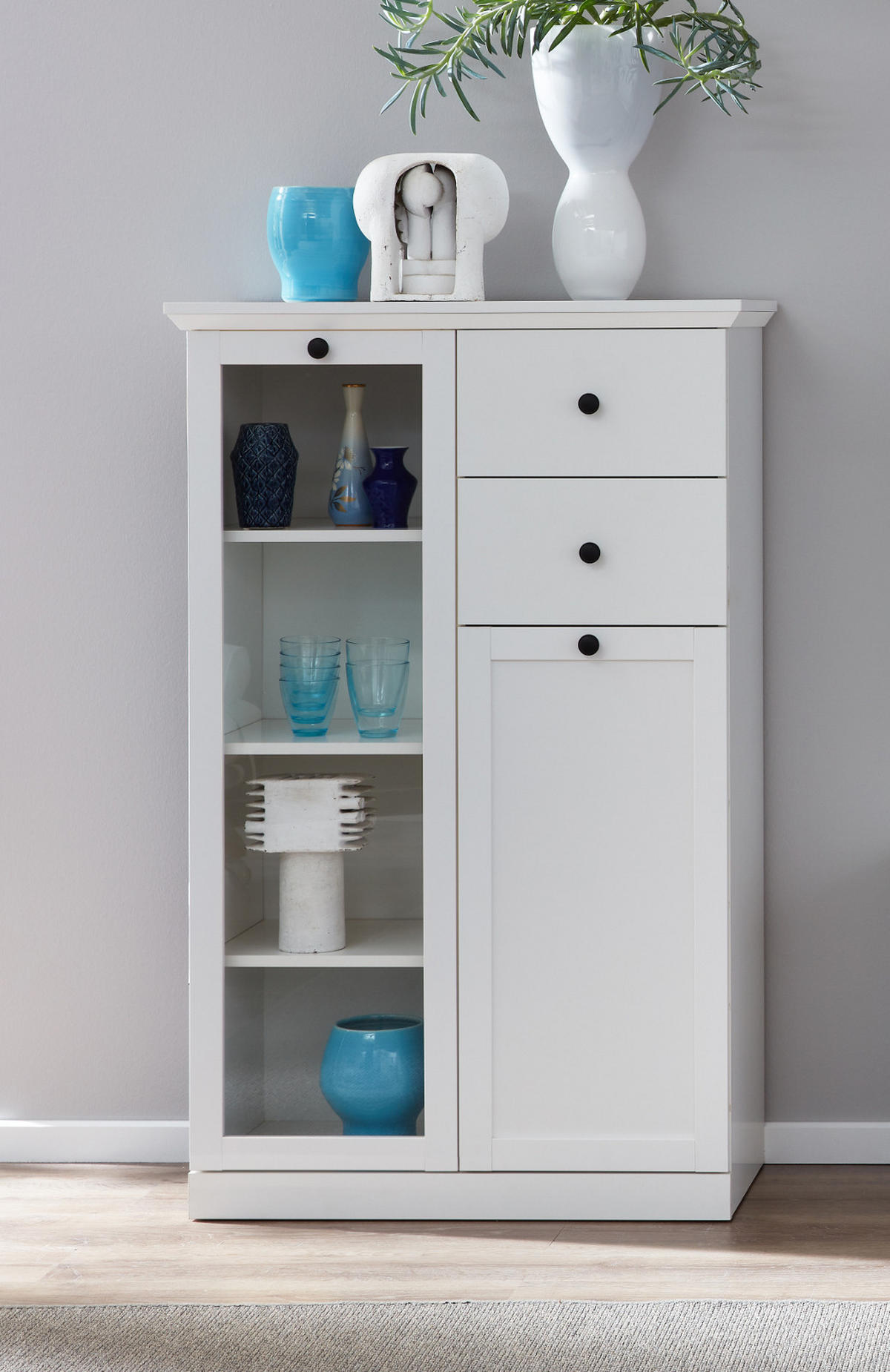HIGHBOARD weiß matt 81 x 129 cm, Kommode im Landhaus-Stil - Silberfarben/Weiß, Glas/Holzwerkstoff (81/129/41cm) - Top.Furn