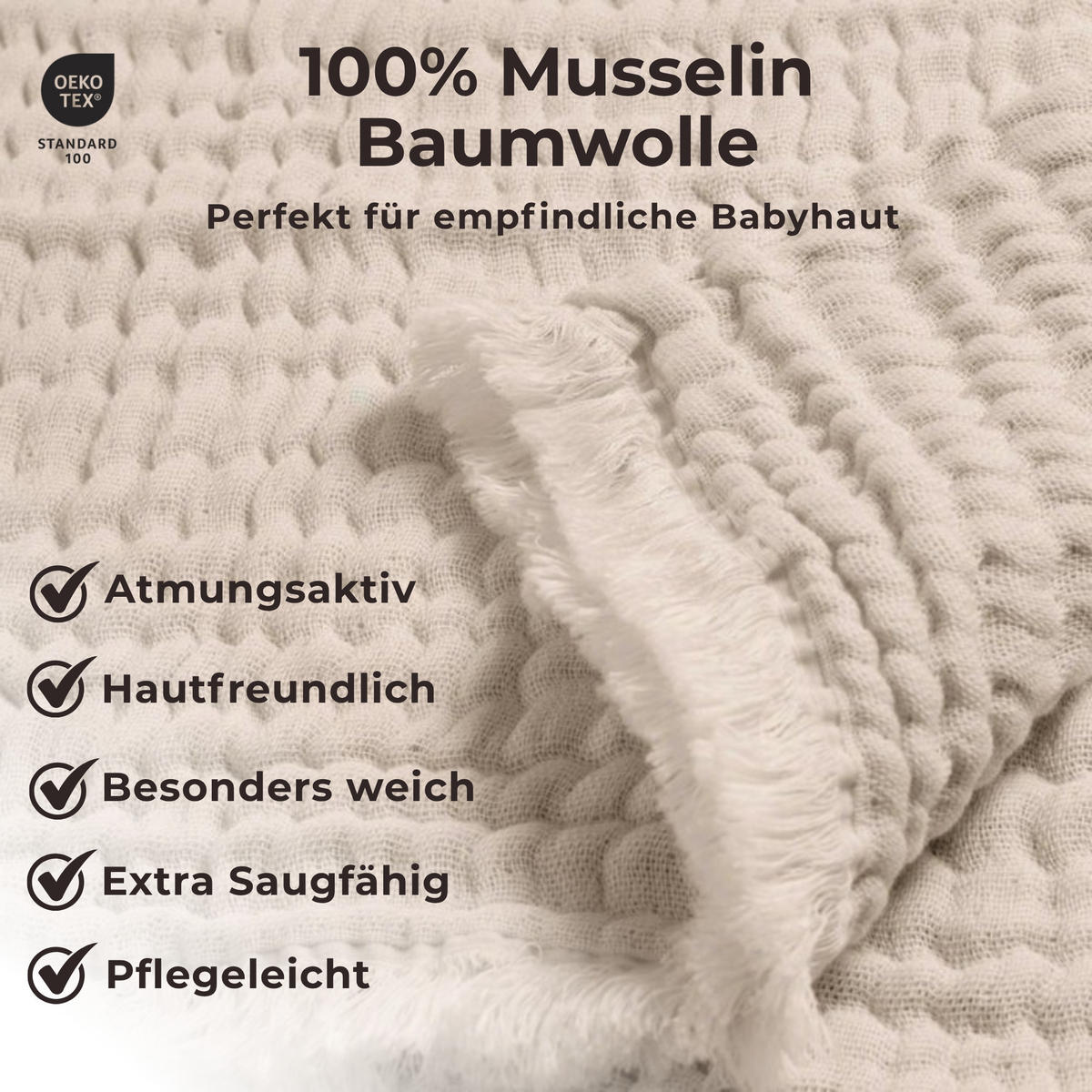 MUSSELINDECKE Babydecke Einschlagdecke Baumwolle atmungsaktiv - Beige, Textil (80/80cm) - nordic coast company