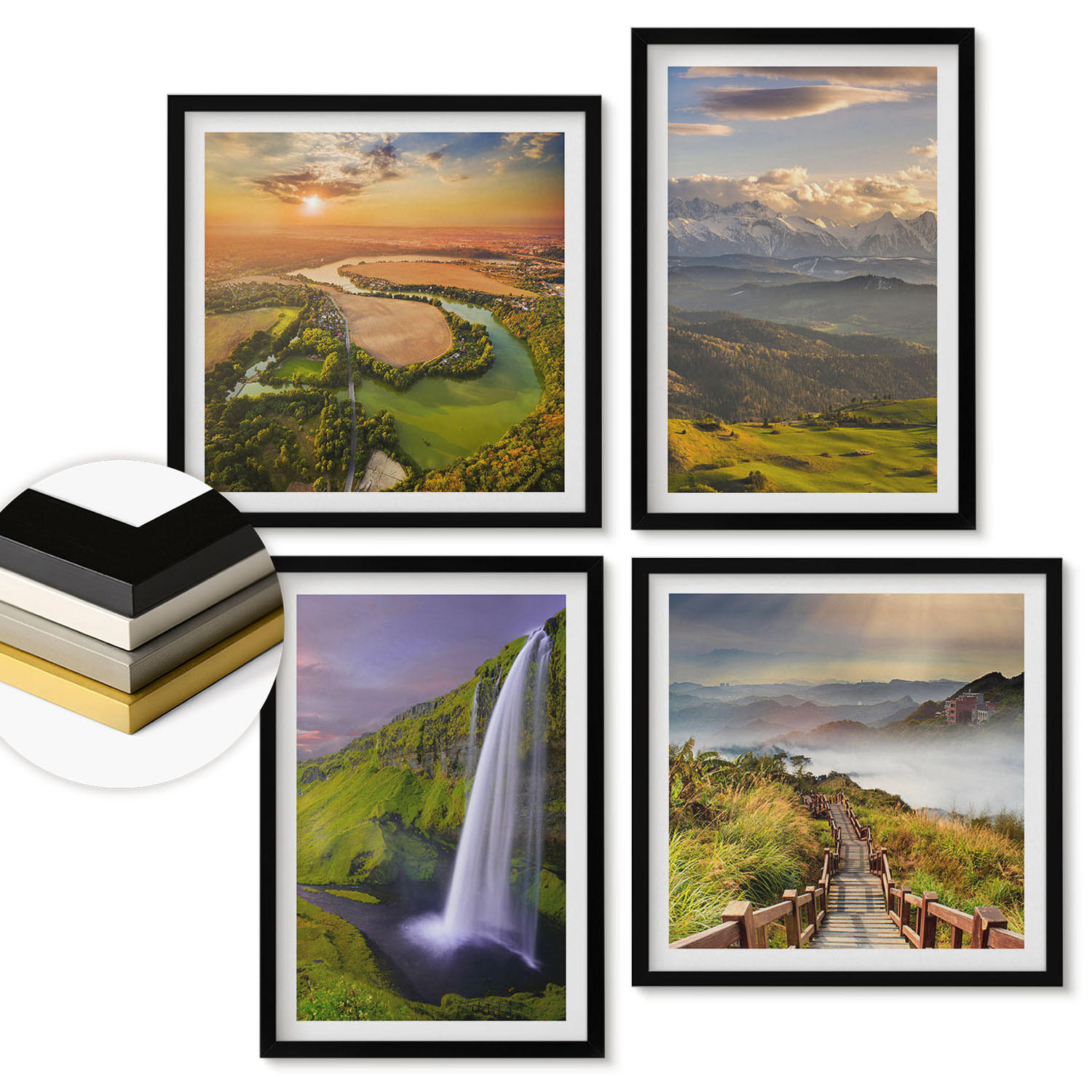WANDBILDER 4er-Set - 50x50 cm & 40x60 cm Schwarzer Rahmen - Ausblicke auf Berge, Flüsse und Wasserfälle - Schwarz, Kunststoff (50/50cm) - ArtPrintCave