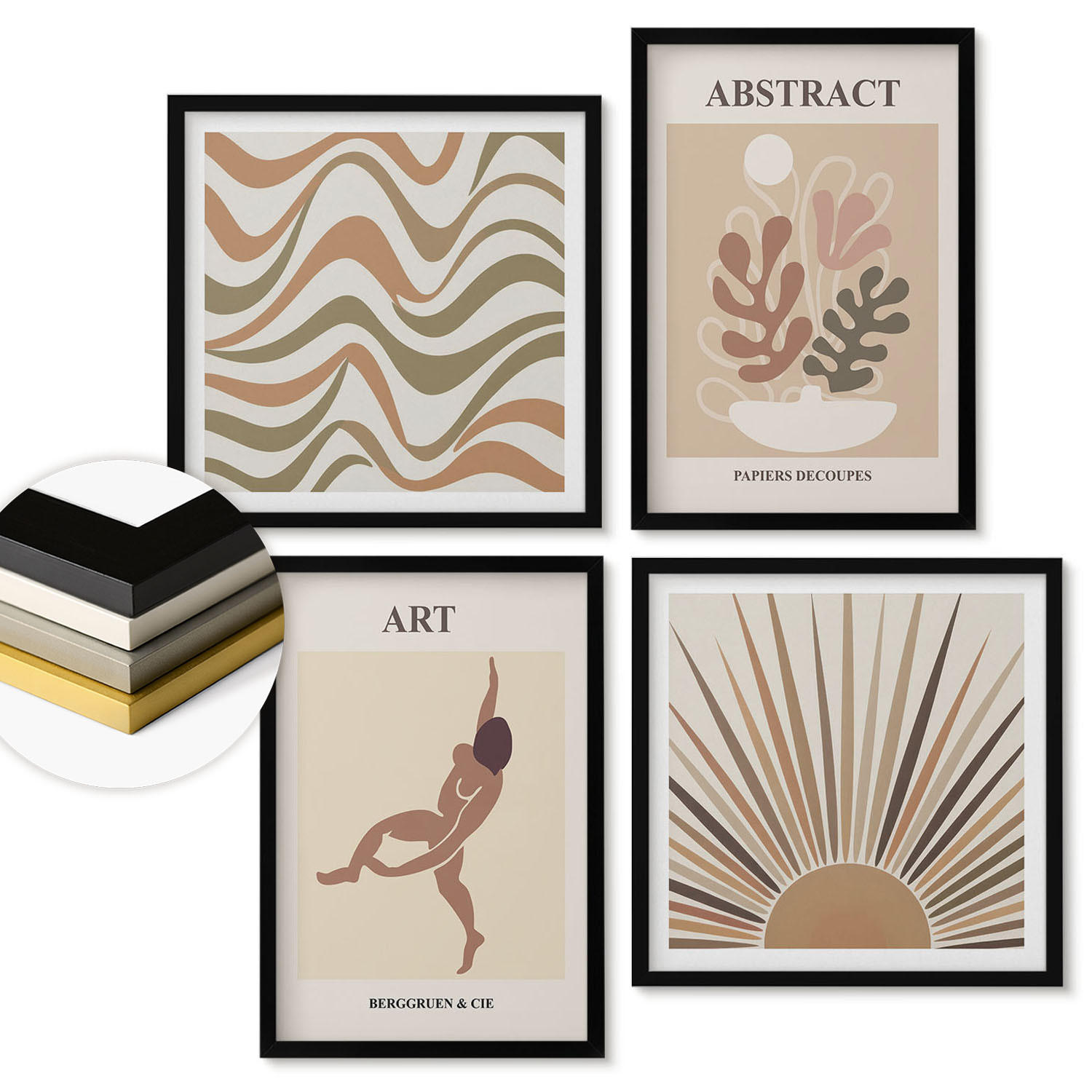WANDBILDER 4er-Set - 50x50 cm & 40x60 cm Schwarzer Rahmen - Matisse Boho abstrakte Muster - Schwarz, Kunststoff (50/50cm) - ArtPrintCave