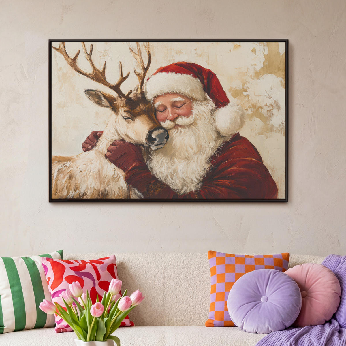 LEINWAND Bilder mit Rahmen - Weihnachtsmann - Rentier - Weihnachten - 90x60 - Rotbraun, Textil (90/60cm) - MuchoWow