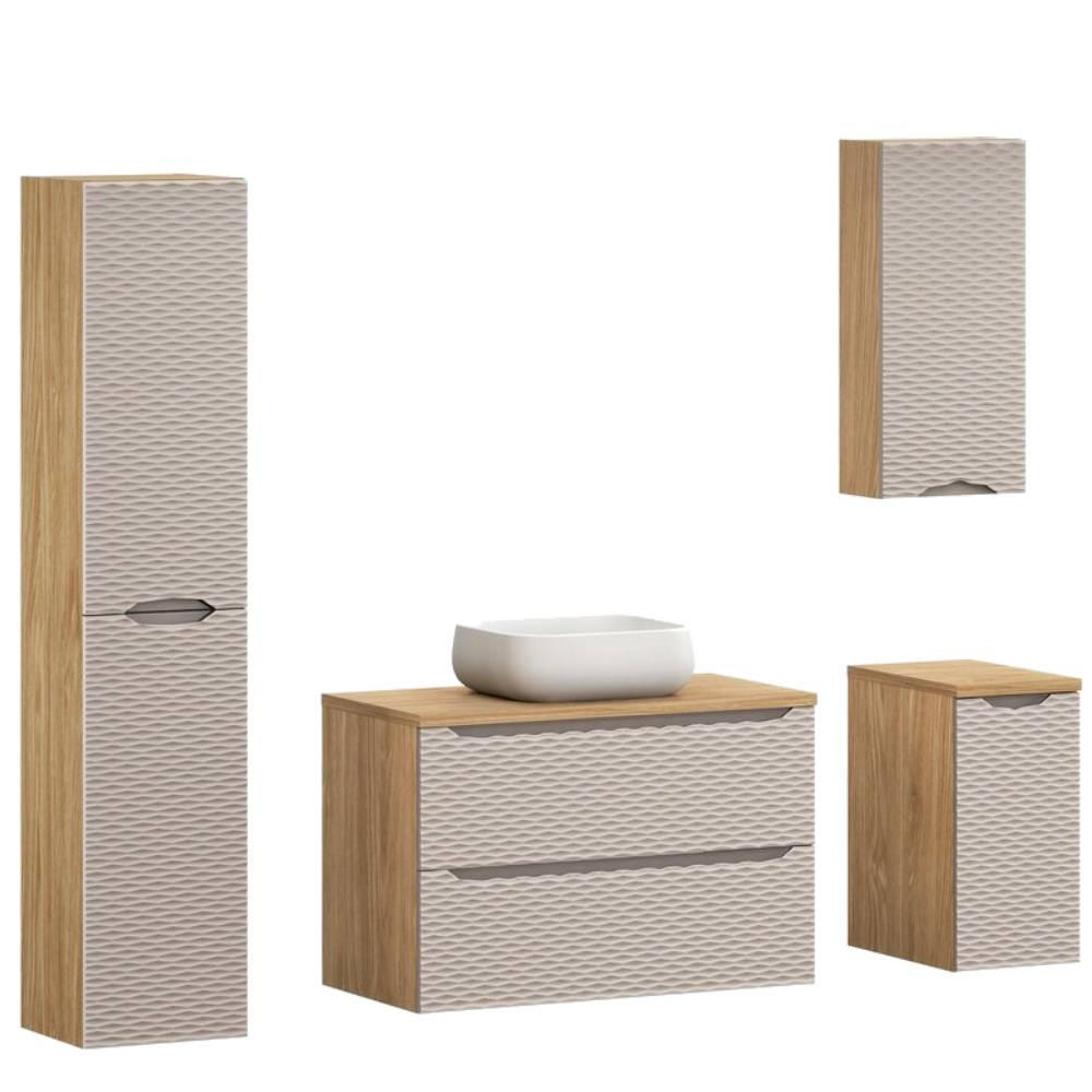 BADMÖBEL-SET 7 Teile - Ocean Beige O BM430 in Beige / Geölte Eiche - Eichefarben/Beige, Holz/Keramik (90/57/46cm)