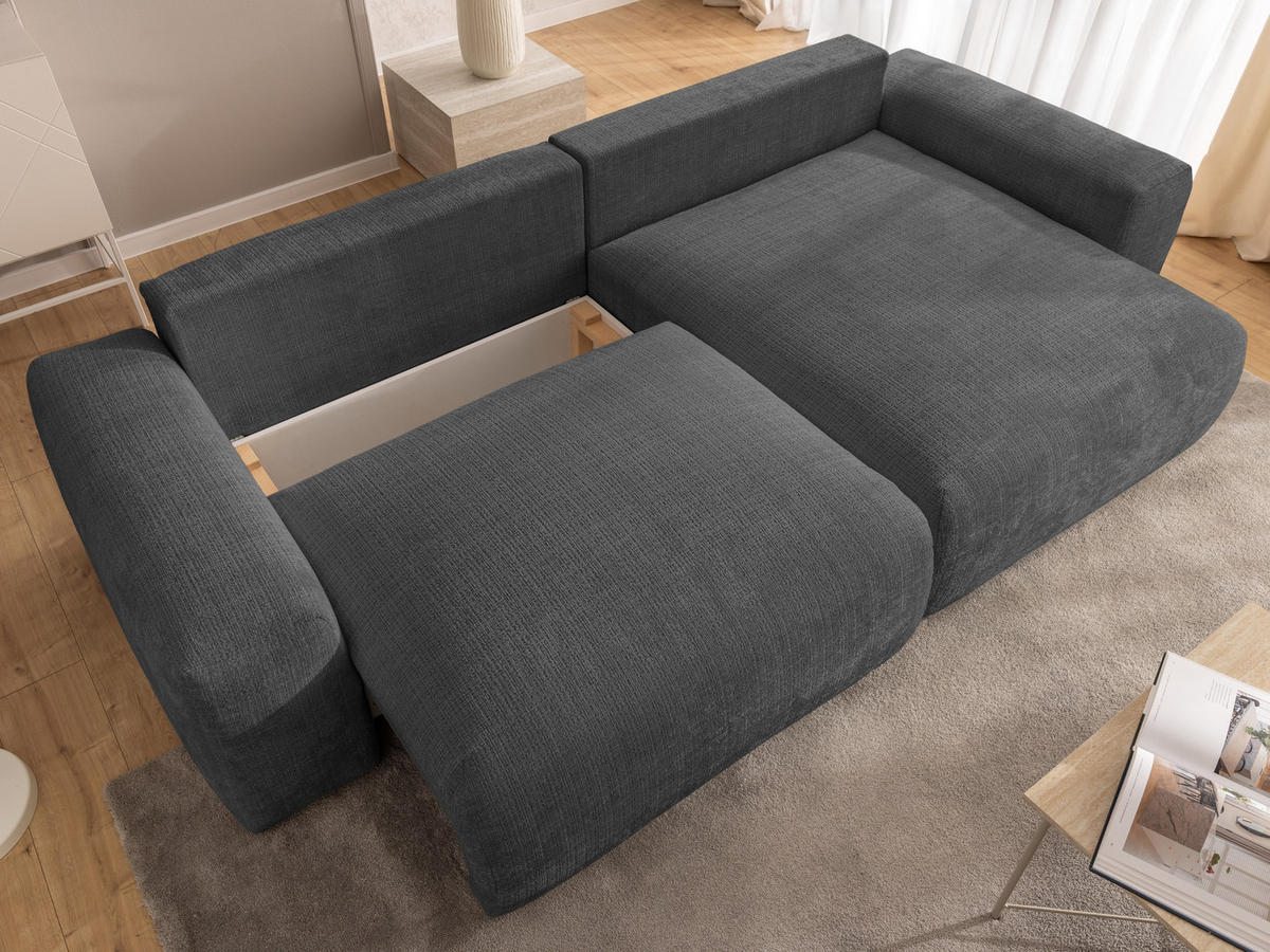 ECKSOFA Puffy mit Schlaffunktion und Bettkasten - besonders weich und puffig aus Grau Chenille-Stoff - Ottomane rechts - Schwarz/Grau, Holz/Kunststoff (266/138cm) - S-Style Möbel