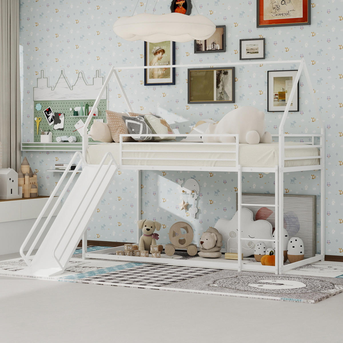 ETAGENBETT 90/200 cm weiß aus Eisen mit Rutsche und Leiter - Weiß, Metall (90/200cm) - OKWISH