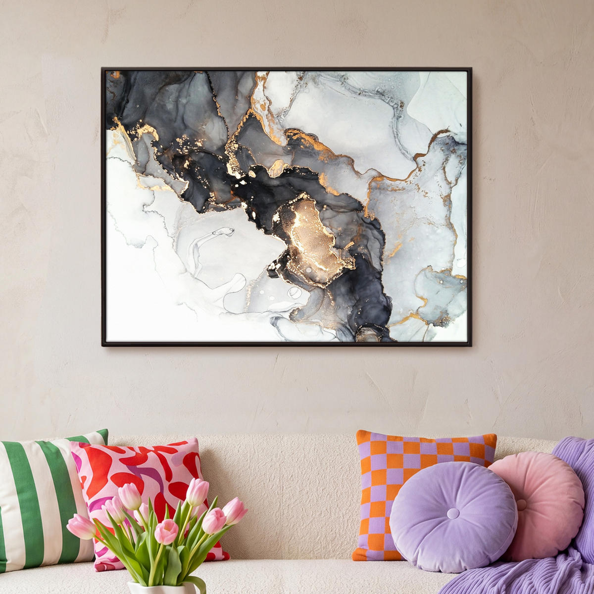 LEINWAND Bilder mit Rahmen - Marmor - Schwarz - Weiß - Gold - Luxus - Abstrakt - 100x70 - Goldfarben, Textil (100/70cm) - MuchoWow