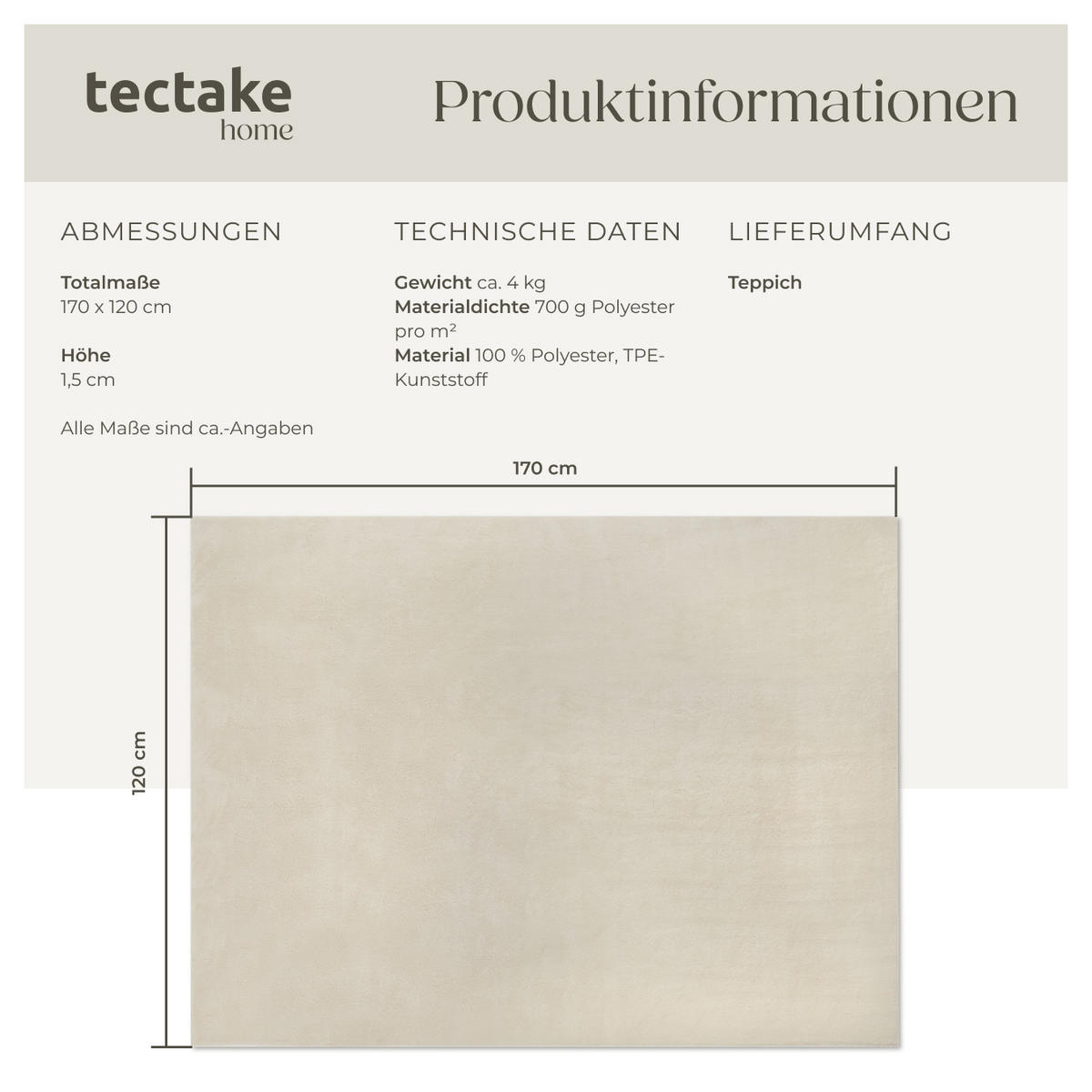 KURZFLORTEPPICH Soft Zone,rutschfeste Unterseite,beige - Beige, Kunststoff (170/120cm) - tectake