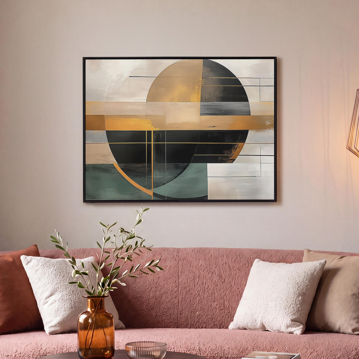 LEINWAND Bilder mit Rahmen - Abstrakt - Gold - Bronze - Grün - Formen - Modern - 70x50 - Multicolor, Textil (70/50cm) - MuchoWow
