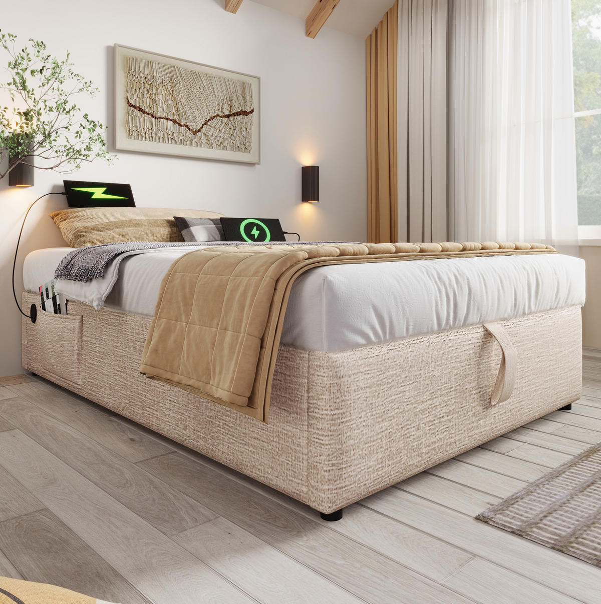 BETT mit Stauraum 90x200 cm Leinen Beige+Natural - Beige, Metall (90/200cm) - Meubliv