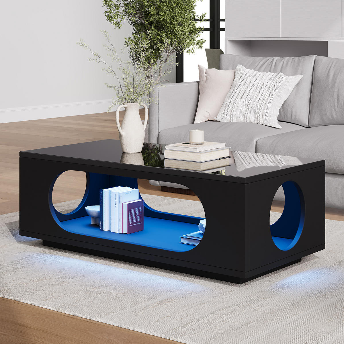 COUCHTISCH LED App-Steuerung Schwarz 100x50x35cm MDF 30kg Stauraum - Schwarz, Holzwerkstoff (100/50/35cm) - FLIEKS