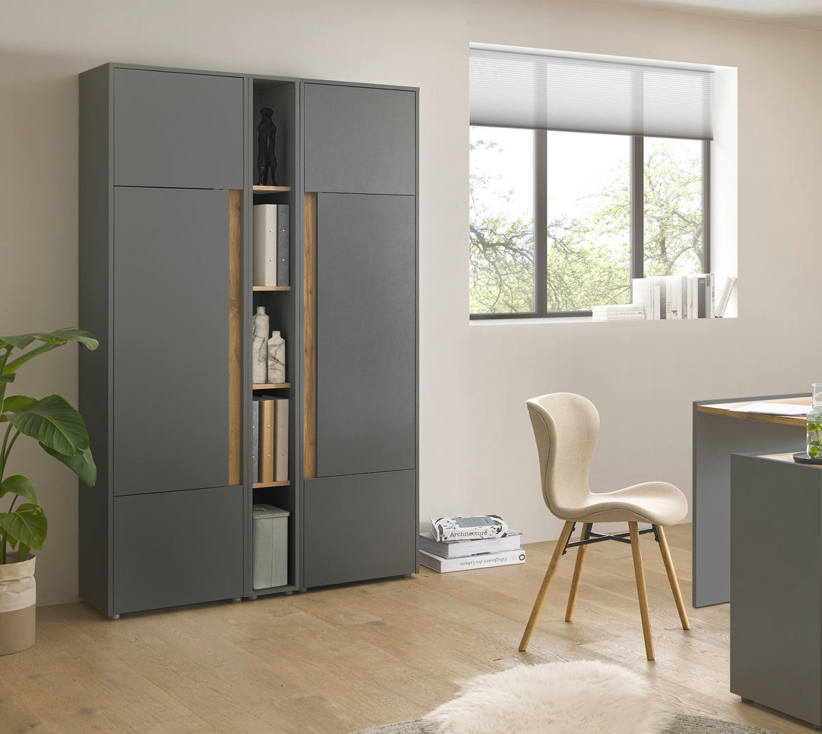 AKTENSCHRANK Set 3-teilig grau, Eiche Wotan 120 x 200 cm, Schrank-Regal-Kombination mit 15 Fächern - Eiche Wotan/Schwarz, Holzwerkstoff/Kunststoff (120/200/40cm) - Furn.Design